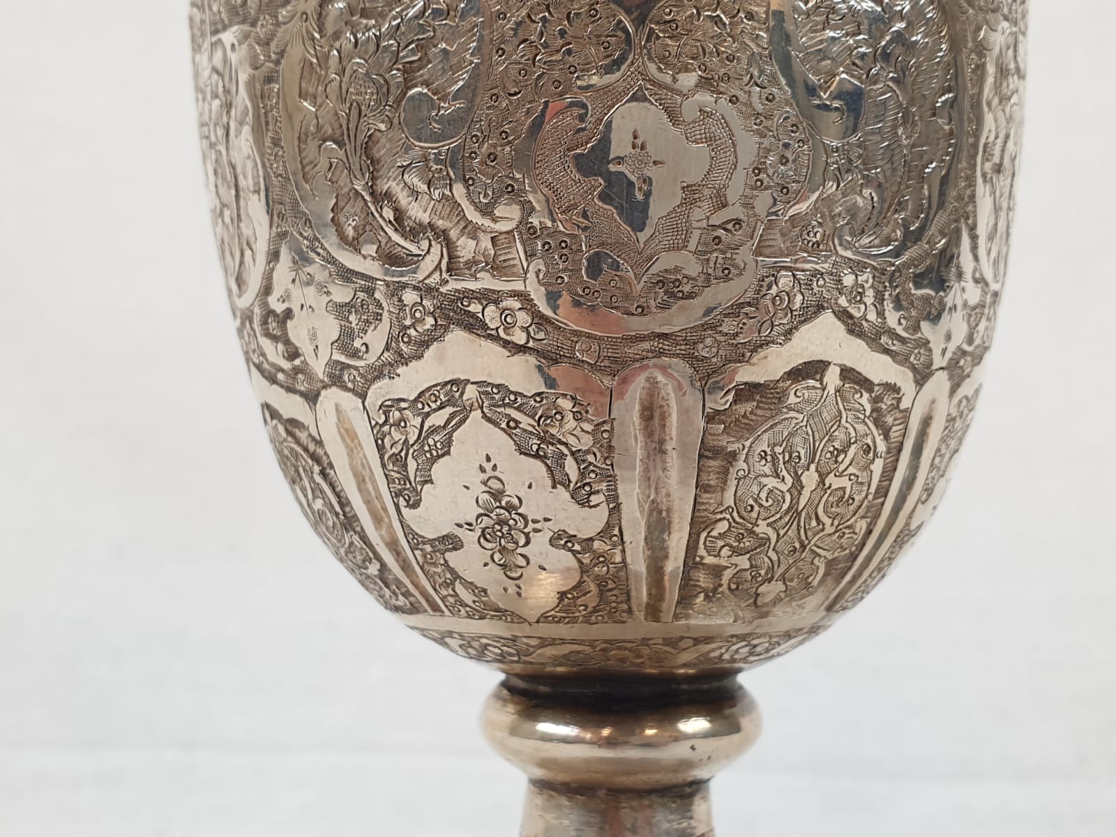 Very large antique Persian solid silver hand engraved twin handled vase, weight 838g , H35.7 X W15. - Image 8 of 19