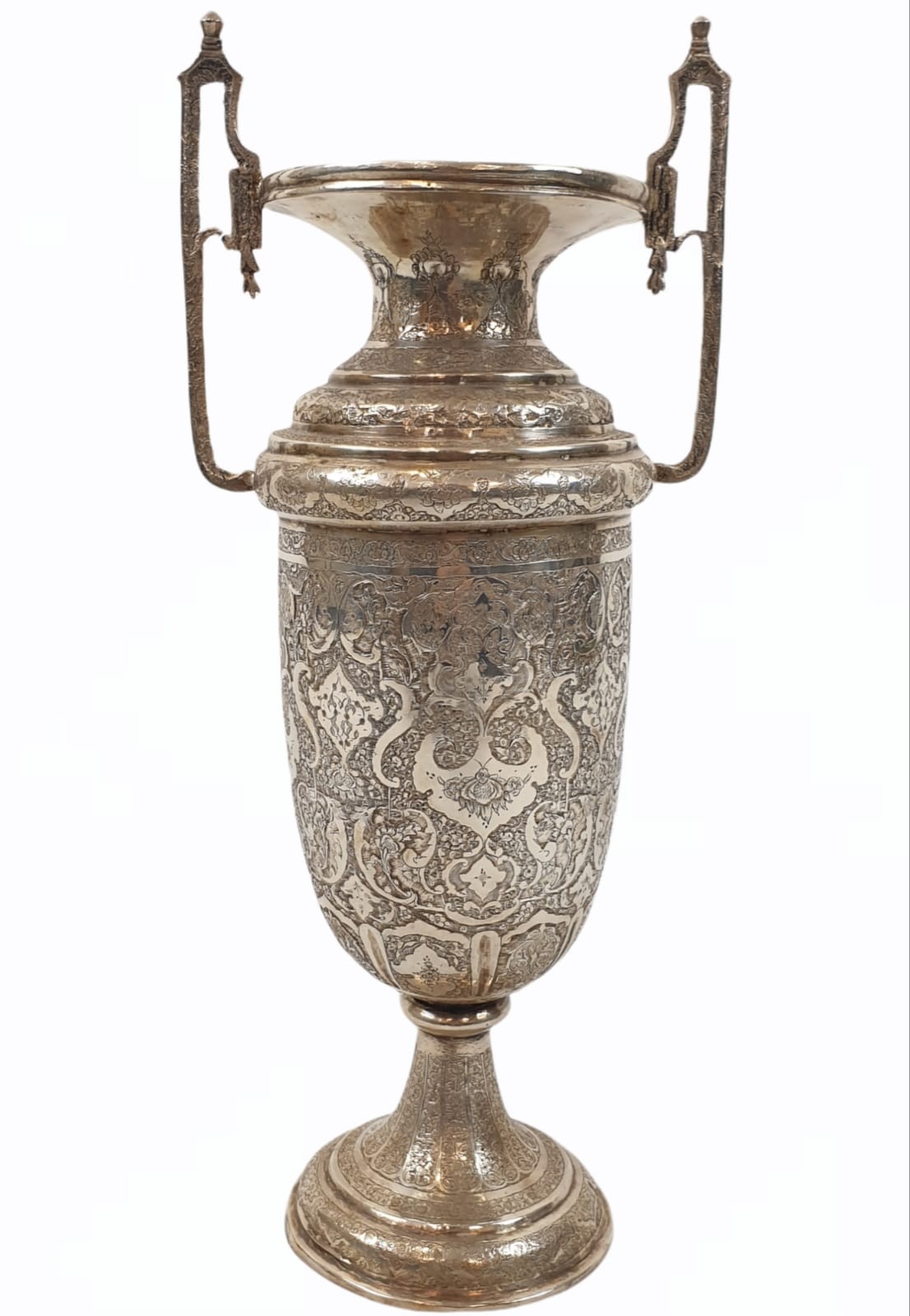 Very large antique Persian solid silver hand engraved twin handled vase, weight 838g , H35.7 X W15.