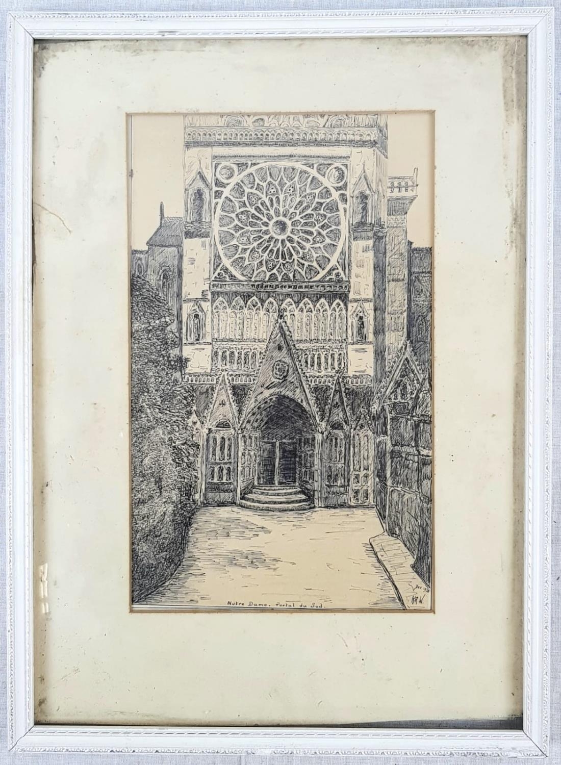 A 1930 Signed Ink Drawing of Notre Dame. Frame slightly loose. 27 x 36cm.