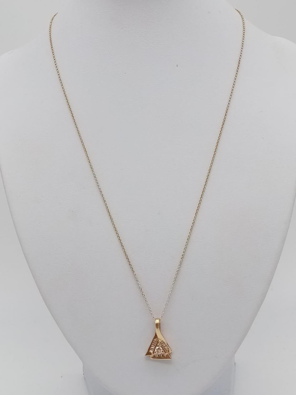 14k yellow gold pendant with round and baguette diamonds on 50cm long 14k gold chain, weight 4.2g - Image 2 of 6