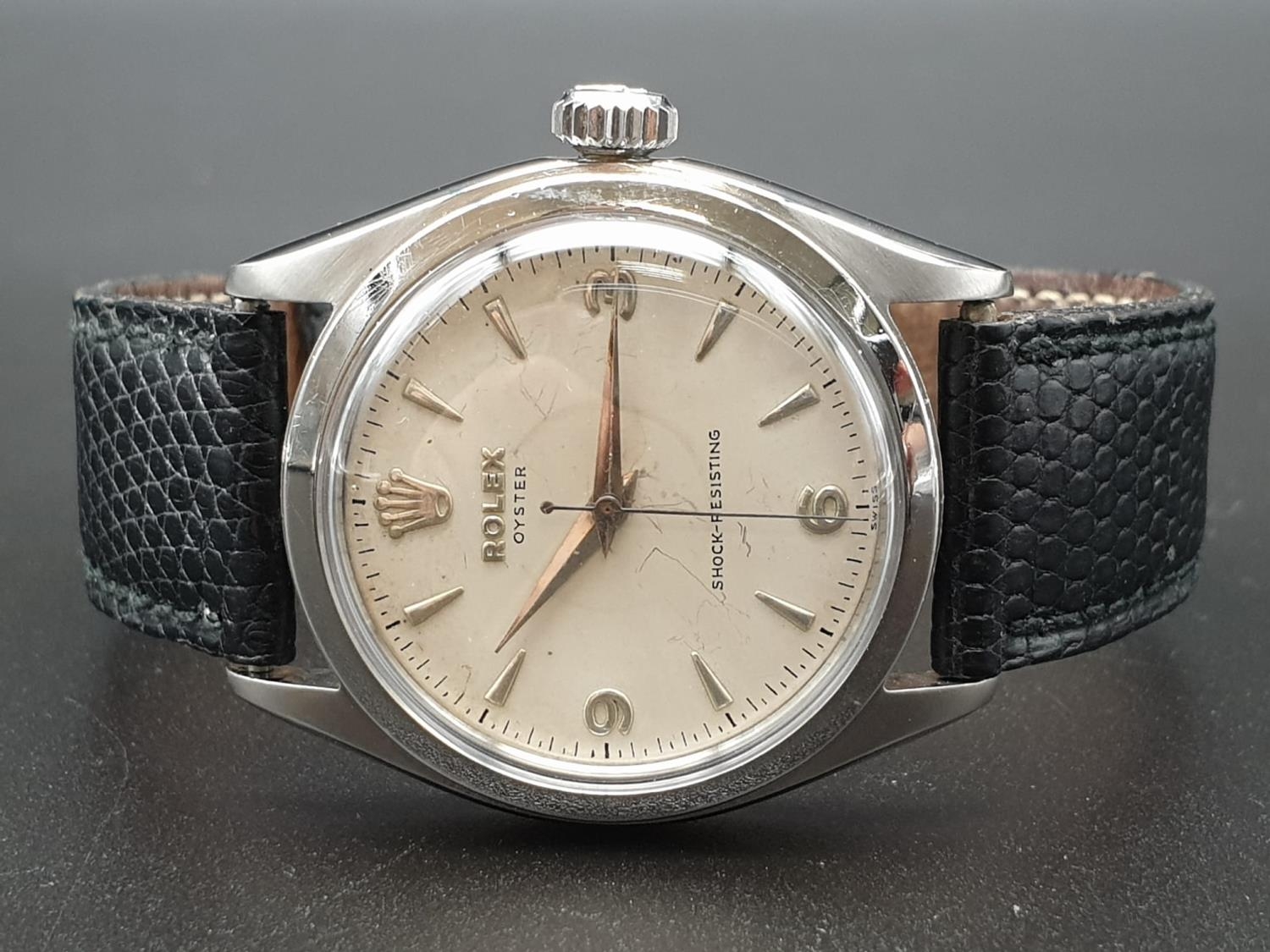 A VINTAGE ROLEX GENTS AUTOMATIC STAINLESS STEEL WATCH WITH A KLARLUND LEATHER STRAP 34MM FWO - Image 4 of 11