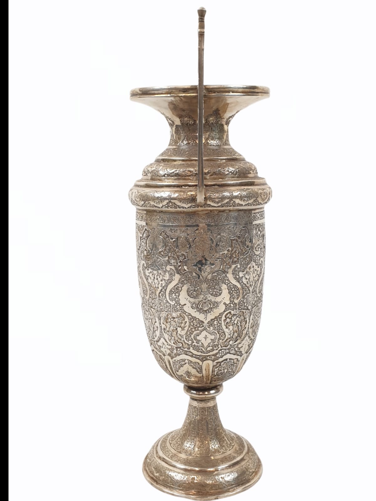 Very large antique Persian solid silver hand engraved twin handled vase, weight 838g , H35.7 X W15. - Image 3 of 19