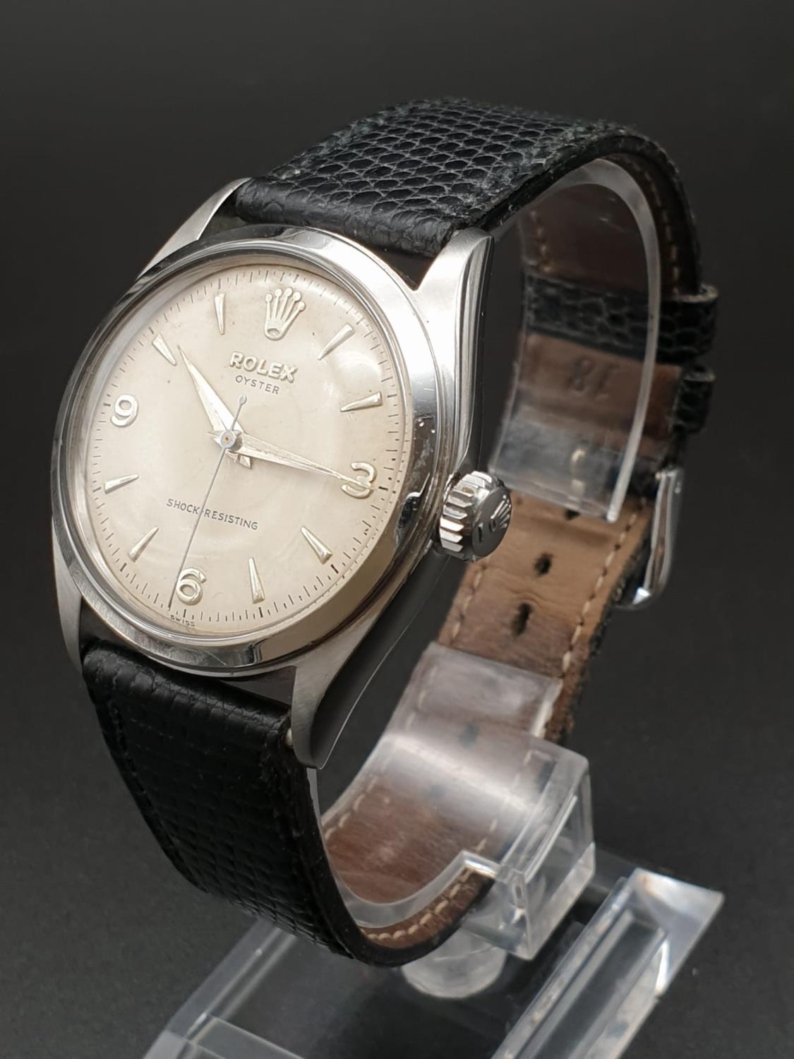 A VINTAGE ROLEX GENTS AUTOMATIC STAINLESS STEEL WATCH WITH A KLARLUND LEATHER STRAP 34MM FWO - Image 2 of 11