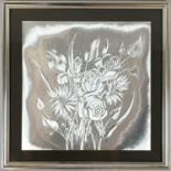 Metallic Silver-Effect Flower Etching. Framed. 43 x 43cm