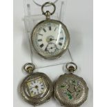 Antique silver ladies pocket watch x3 large 1 ticking but missing hand . Sold as found
