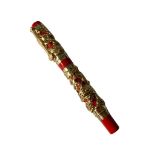 A Jinhao pen ,having a red case embossed with a golden dragon in relief the full length of the pen.