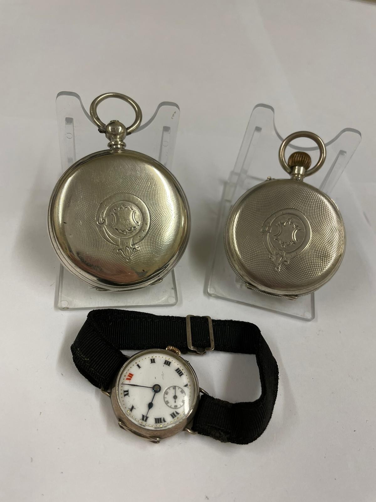 Antique silver pocket watch x2 and silver trench watch AF - Image 2 of 8