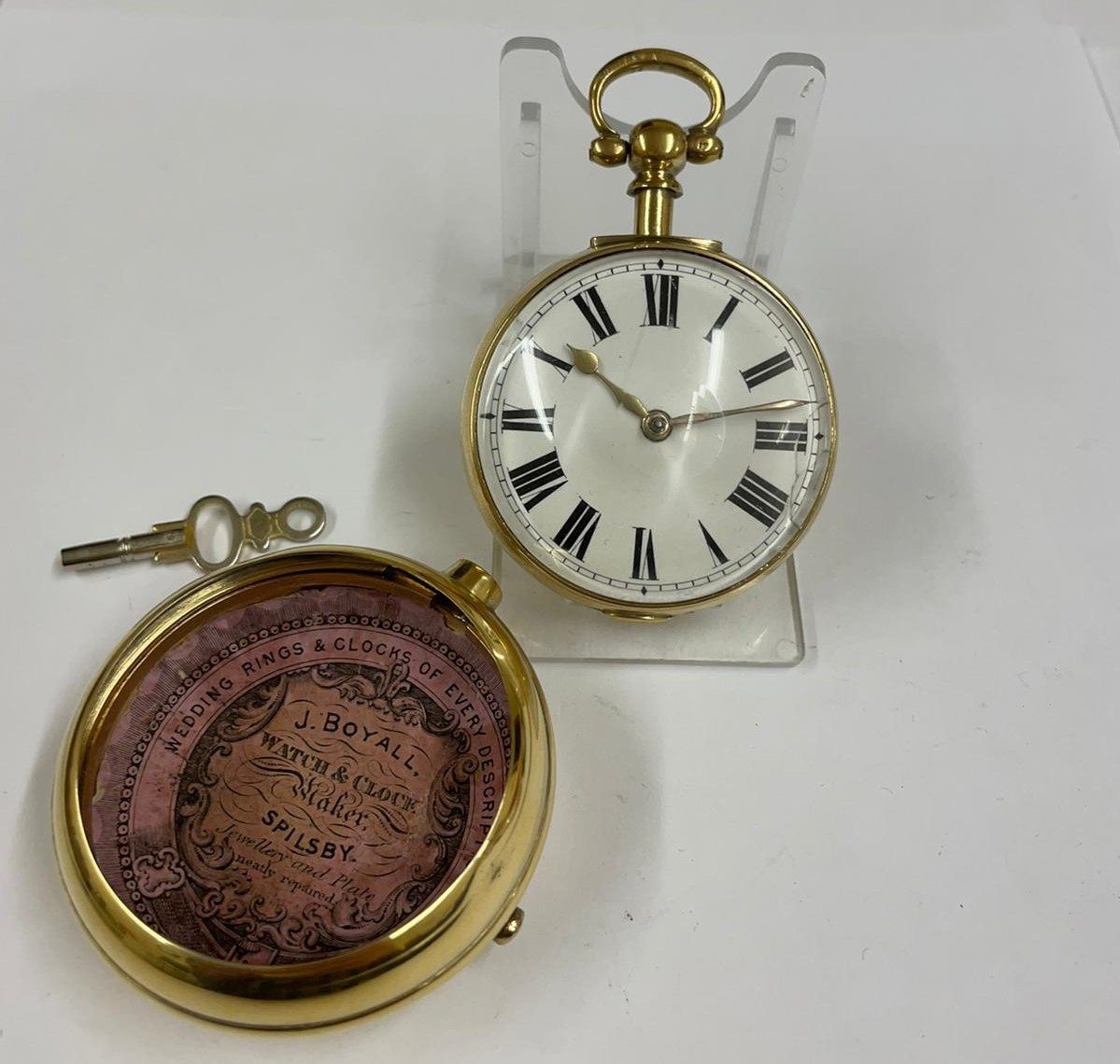 Antique yellow metal verge fusee pocket watch, working, 155.9g but sold with no guarantees