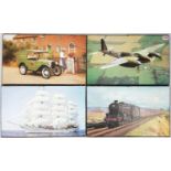 A SET OF 4 WOODEN BACKED PHOTOS OF DIFFERENT MODES OF TRANSPORT 57 X 35cms
