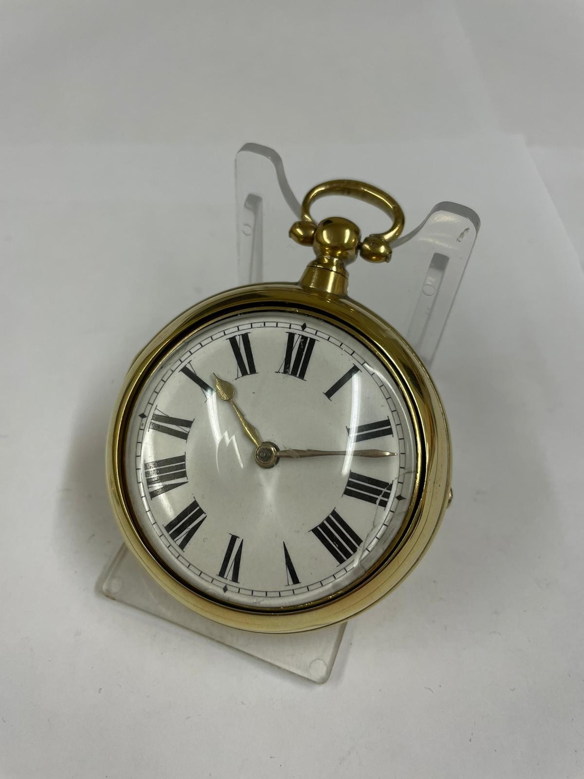 Antique yellow metal verge fusee pocket watch, working, 155.9g but sold with no guarantees - Image 7 of 9