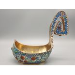 Large Russian silver enamel gemstone kovsh bowl beutifully decorated with amythist and citrine