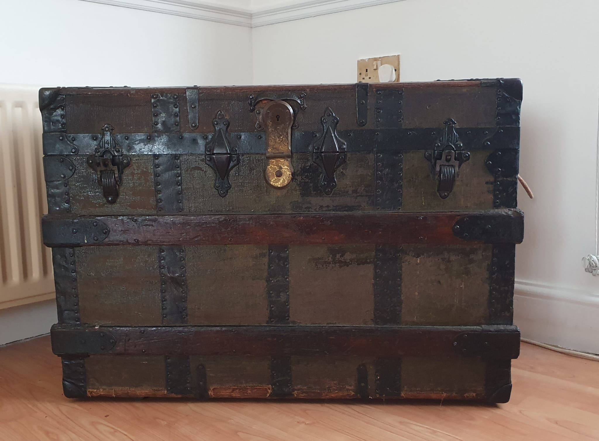 Large Vintage Wood and Metal Trunk, comes with two new leather straps. Good condition for age. - Image 2 of 5