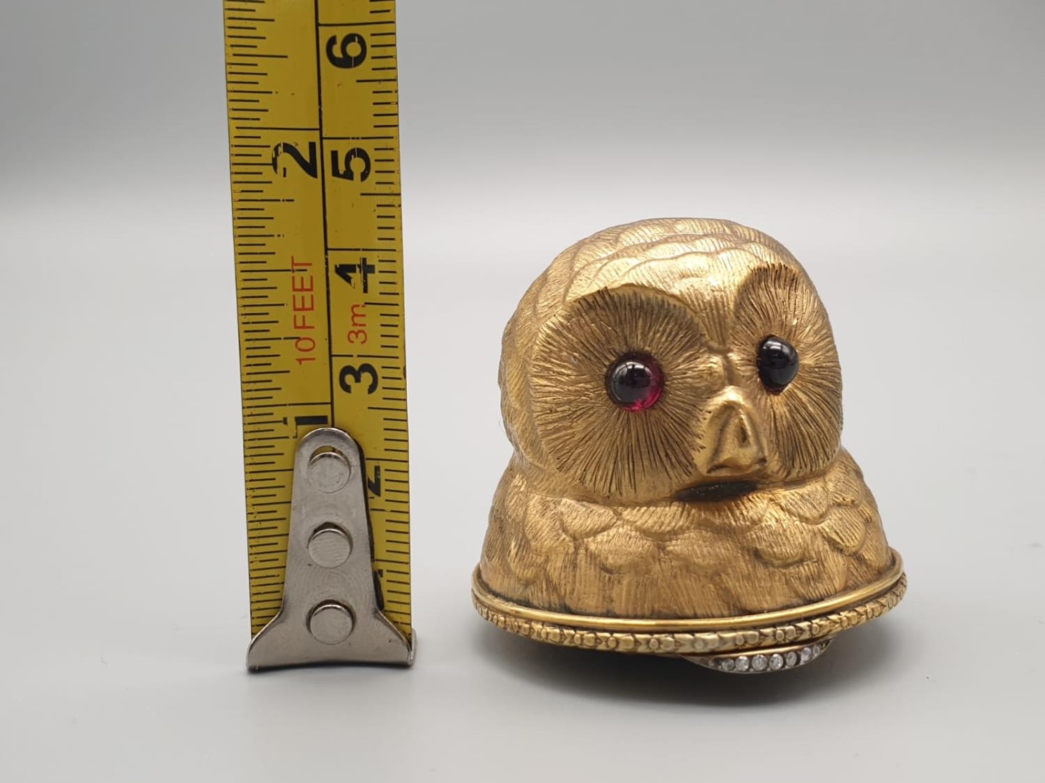 Russian silver gilt enamel and diamond owl pill box with garnet eyes. 59.1gms 5cms tall. - Image 11 of 11