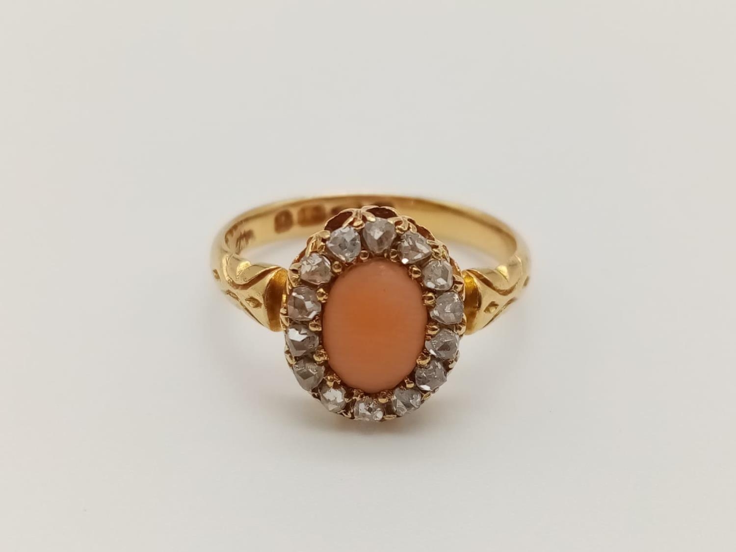 Georgian 18k yellow gold antique ring with coral centre and decorated with rose cut diamonds - Image 2 of 7