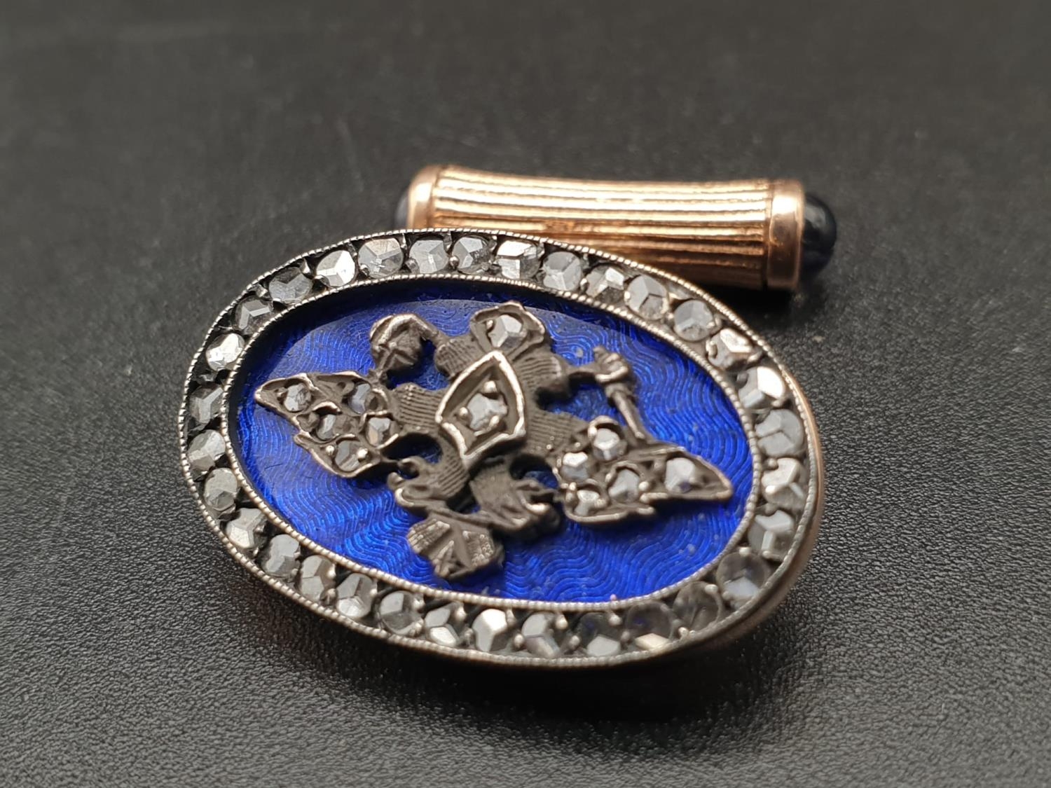 Russian 14k gold with blue enamel diamond and sapphire cufflinks. 17.8gms. - Image 2 of 8