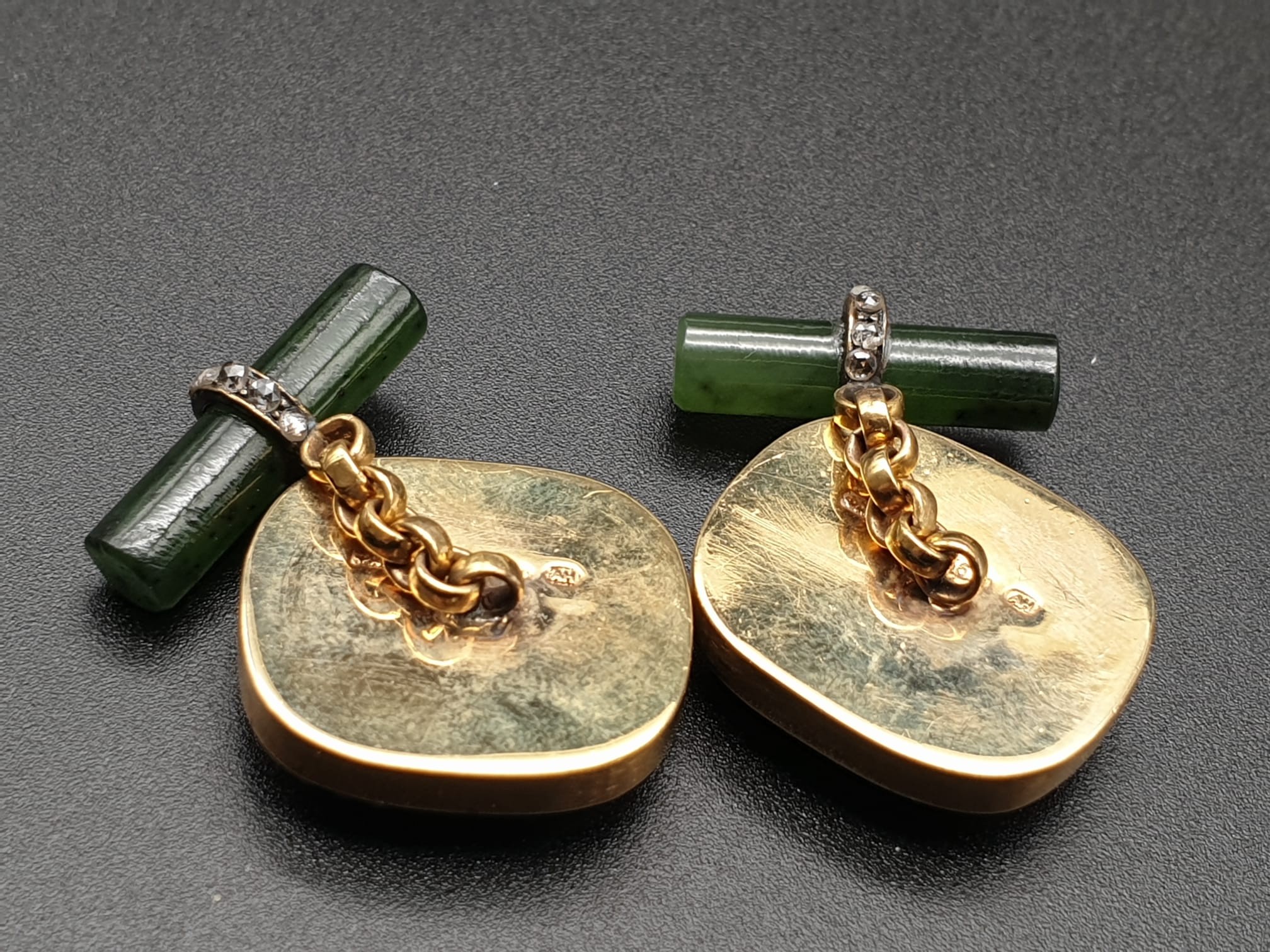 Russian 14k gold and diamond nephrite jade elephant cufflinks . 15.1gms - Image 5 of 8