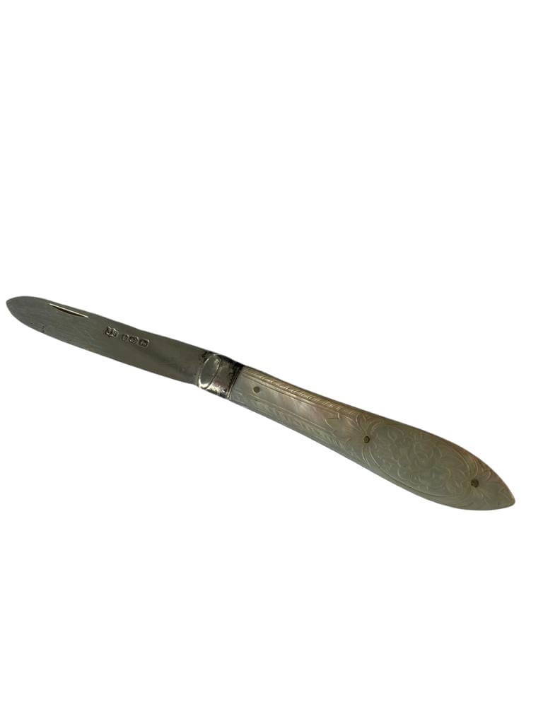 Antique silver bladed fruit knife having mother of pearl handle with delicate floral pattern and