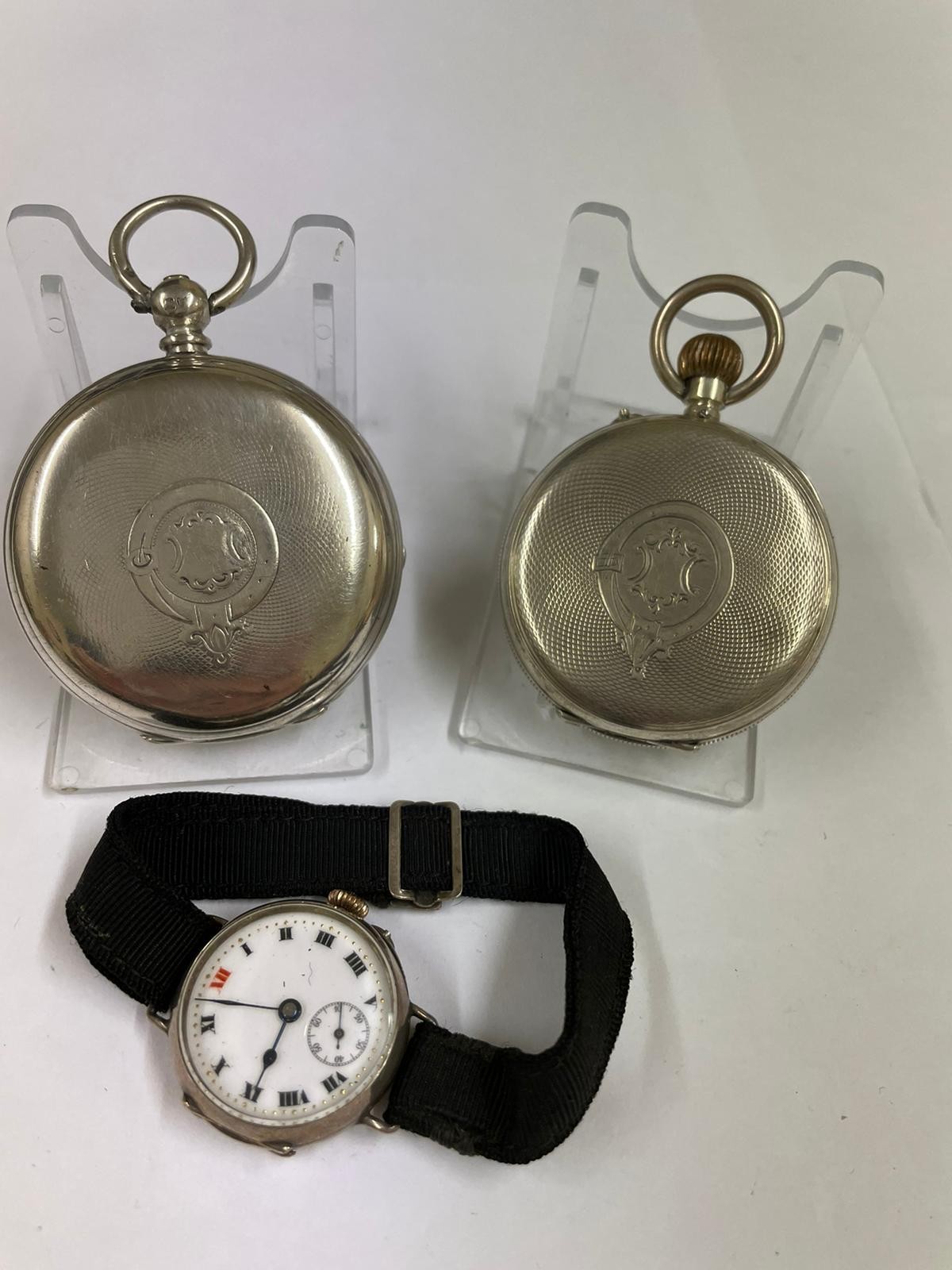 Antique silver pocket watch x2 and silver trench watch AF - Image 4 of 8