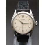 A VINTAGE ROLEX GENTS AUTOMATIC STAINLESS STEEL WATCH WITH A KLARLUND LEATHER STRAP 34MM FWO