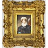 A VERY EARLY MINIATURE PORTRAIT IN OIL BY UNKNOWN ARTIST IN ORIGINAL ORNATE FRAME. (SLIGHT DAMAGE ON