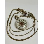 Antique 14ct gold ladies suffragette pocket watch with guard chain ,solid gold key set with heart