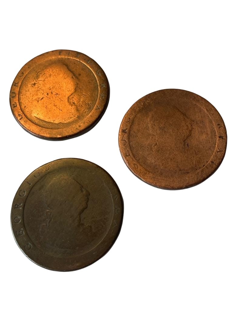 3 x George III copper cartwheel pennies 1797. One coin is in fair condition the other two are worn.