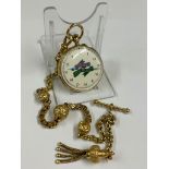 Antique 18ct gold ladies suffragette pocket watch with unmarked yellow metal chain , working but