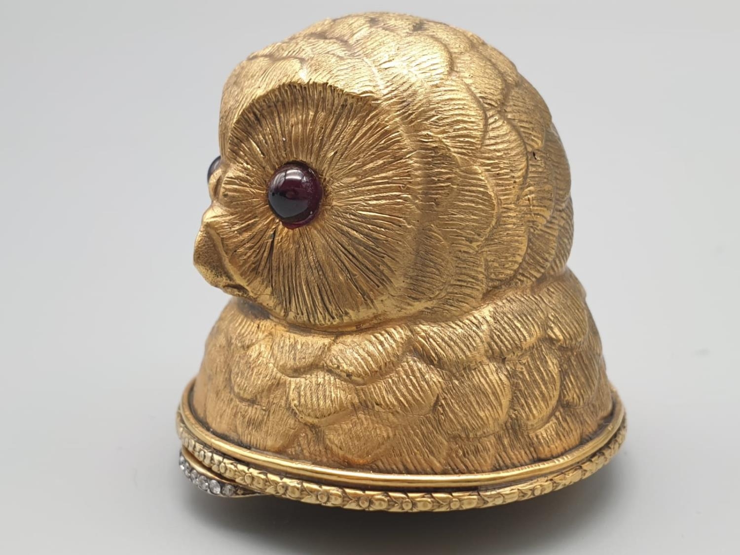 Russian silver gilt enamel and diamond owl pill box with garnet eyes. 59.1gms 5cms tall. - Image 6 of 11