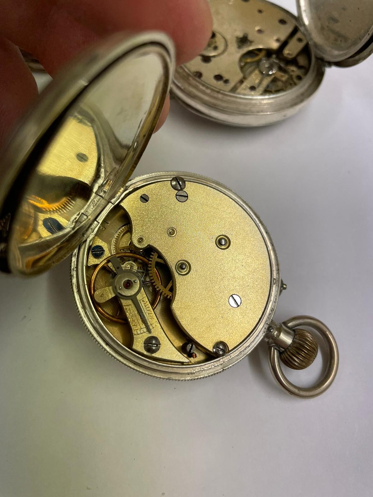 Antique silver pocket watch x2 and silver trench watch AF - Image 3 of 8