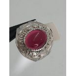 silver gents college ring with red stone; 8.2g; size R