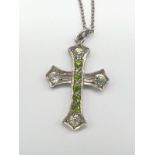 Vintage Sterling silver Green and Clear Stone Set Cross. 16 inch length.