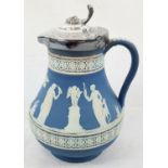 Vintage Wedgewood Blue Jasperware Small Pitcher. Decorated with classical figures. Ornate White