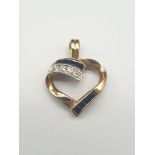 9K Yellow Gold Diamond and Sapphire Heart Pendant. 2.1g