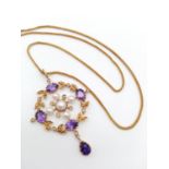 Edwardian styled amethyst and pearl pendant on 14k yellow gold chain , weight 9g chain 45cm long and