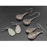 Three Pairs of Silver Earrings. Pierced, Ornate and White Stones decoration. 15.25g total weight