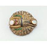 A Rare Egyptian Revival Scarab Brooch with Fire Opal, Emerald, Sapphires (approx 1.83cts total