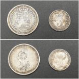 1887 Queen Victoria Jubilee Head Shilling and an 1874 Young Victoria Threepence.