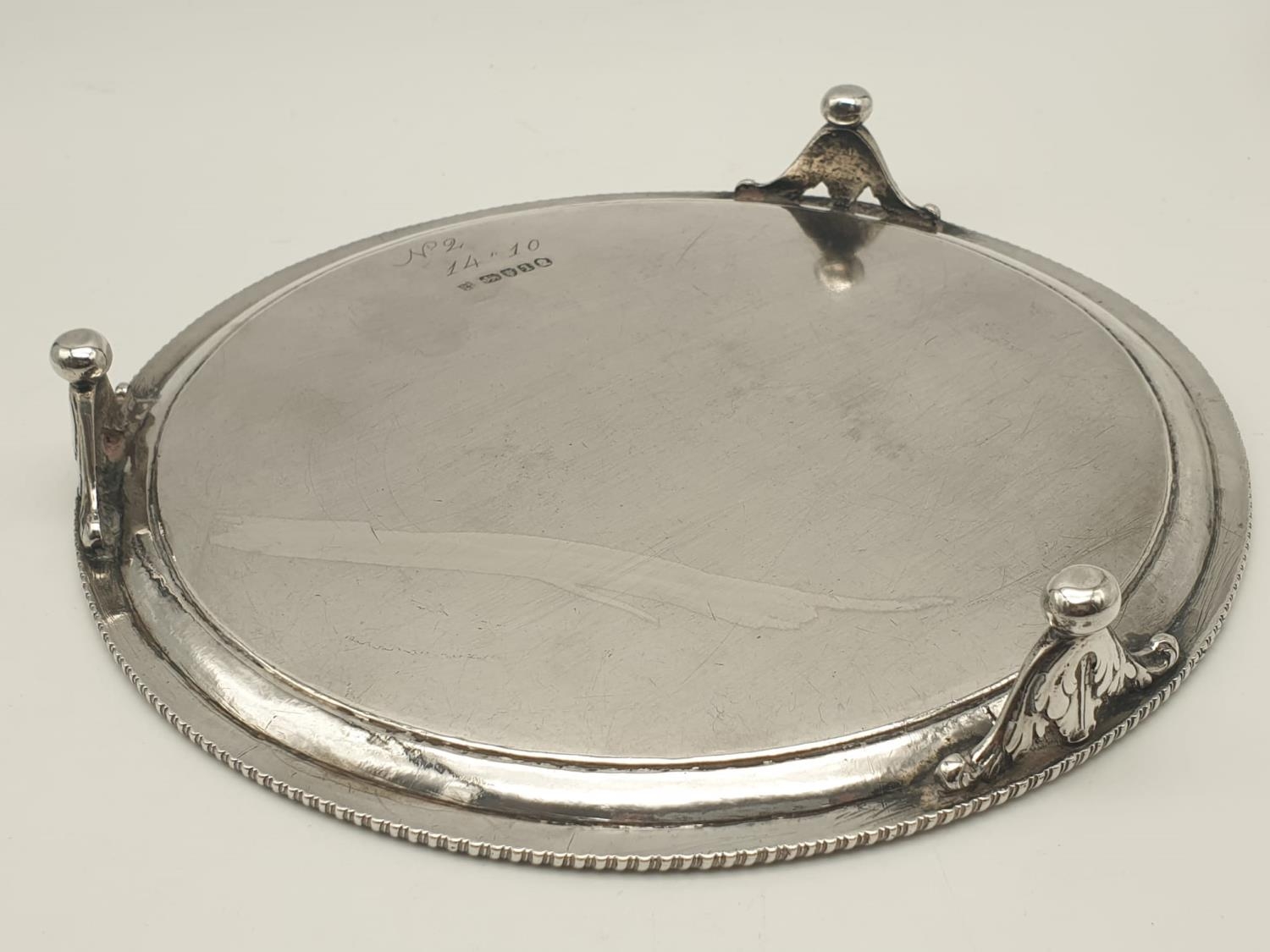 Antique Georgian Silver Footed Tray. Ornate decorative edge and feet. Love and Serve shield and - Image 6 of 9