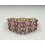 9K YELLOW GOLD DIAMOND & RUBY FANCY STEP RING, WEIGHT 2.5G SIZE P