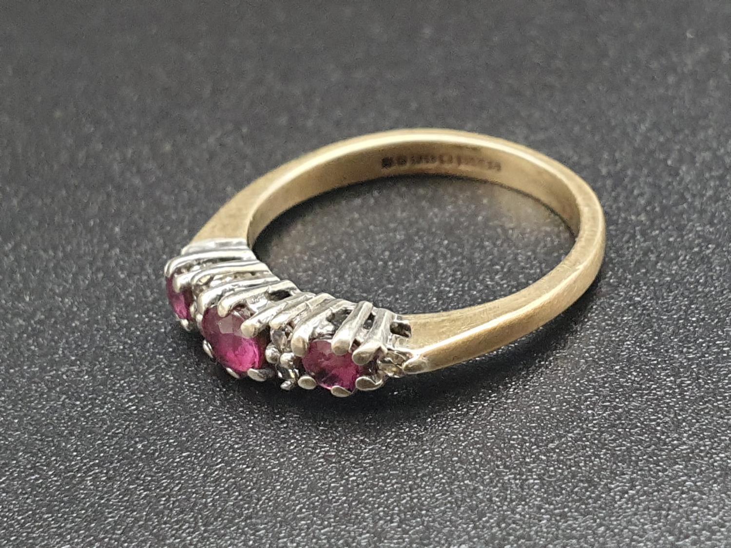 9k Yellow Gold Three Stone Ruby and Diamond Ring. Size J. 2.08g - Image 2 of 5