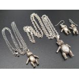 Two Silver Teddy Bear Necklaces. Daddy Bear Necklace- 54cm. 21.25g. Baby Bears Necklace - 44cm. 15g.