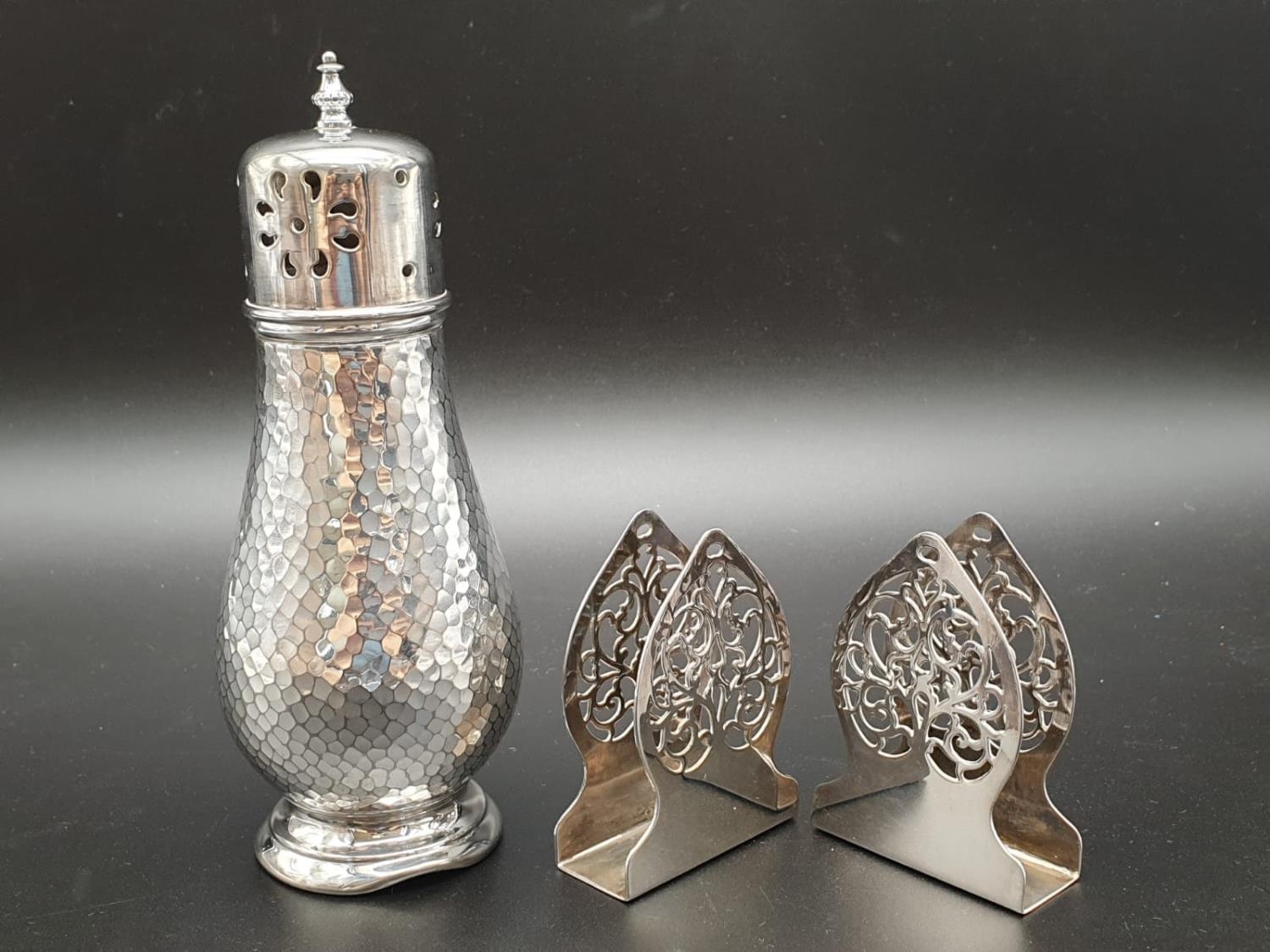 Silver Plate Sugar Shaker and Two Napkin Holders. 15cm - sugar shaker.