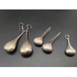 Two Pairs of Large and Small Teardrop Silver Earrings plus a Silver Teardrop Pendant. 10.48g total