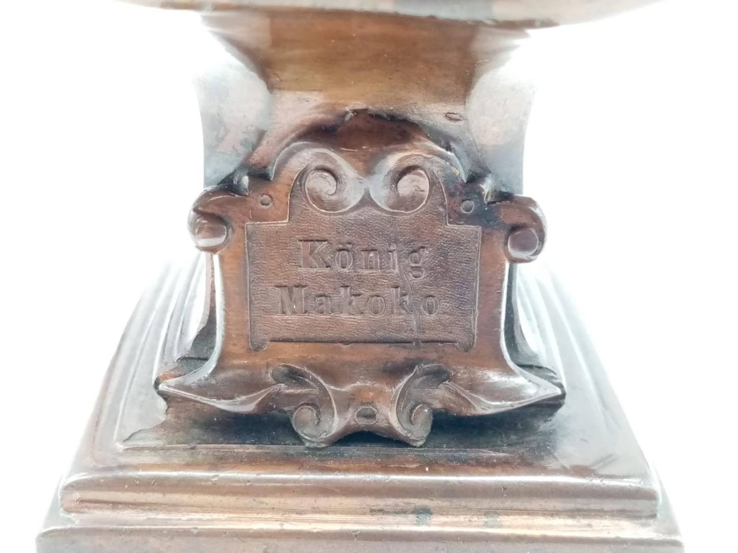 Antique German Bronzed Spelter Cigar Lighter Bust of Konig Makoke. Raised on a square plinth, with - Image 4 of 6