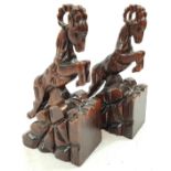 A Vintage Pair of Jumping Rams Hand-Carved Bookends. 16 x 30cm