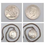 1951 Five Shilling Coin and an 1890 Queen Victoria coin in Pendant with Necklace. 64cm