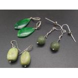 Three Pairs of Silver Green Stone Dangler Earrings. 21.53g total weight.