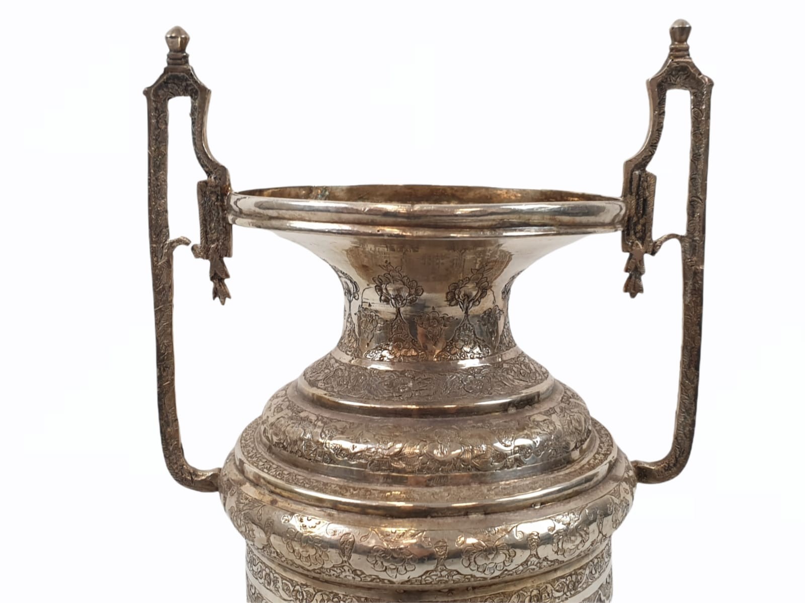 Very large antique Persian solid silver hand engraved twin handled vase, weight 838g , H35.7 X W15. - Image 4 of 19