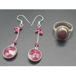 A collection of ruby dangler earrings with a Cabochon ruby ring size Q in sterling silver,