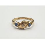 18K Yellow Gold Diamond and Sapphire Three-Stone Vintage Ring. 2.5g. Size N.